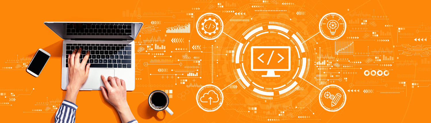 Slider in orange mit Grafik und Laptop - Office Management Alexa - Virtuelle Assistenz