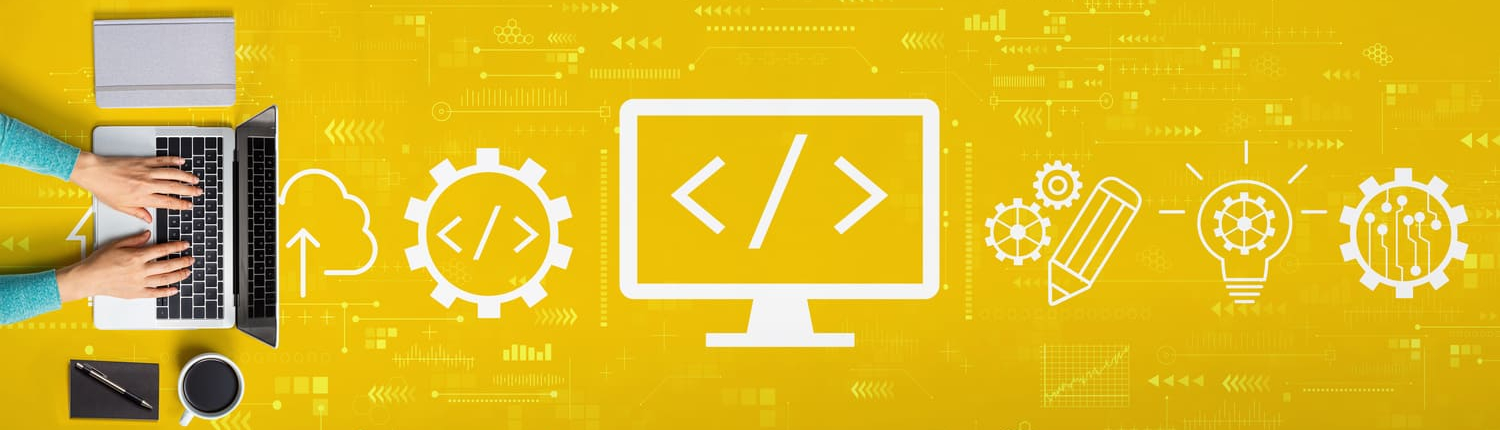 Laptop auf gelbem Grund mit grafischem Muster - Office Management Alexa - Virtuelle Assistenz - für Preise