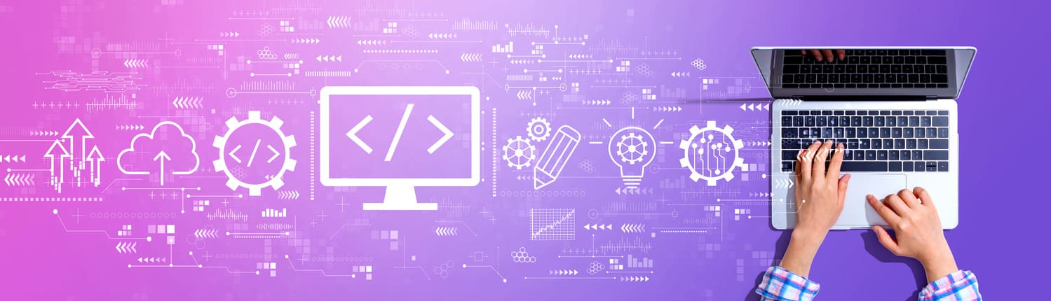 Laptop auf lila Grafischem Hintergrund - Office Management Alexa - Virtuelle Assistenz